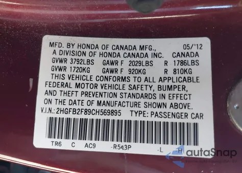 2012 Honda Civic Ex from USA, damaged, VIN 2HGFB2F89CH569895